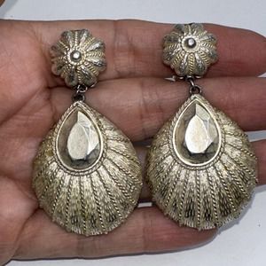 Vintage Barrea Clip On Earrings Dangle Statement Silver ToneTexture Faceted Rope
